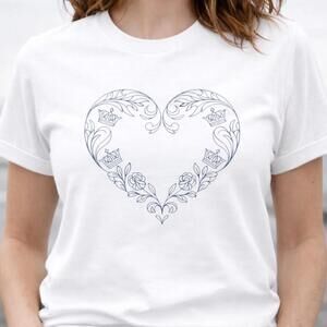 Floral Heart Line Art Tee Heart Flowers T Shirt, Minimal Botanical Design